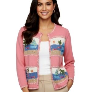 Designers Originals Studio Vintage Beach Scene Sweater Embroidered Sequins Beads